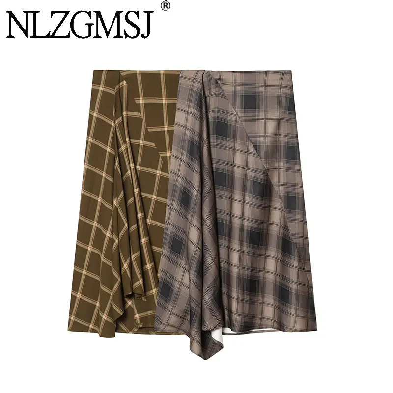 Nlzgmsj 2026 Frauen Plaid Röcke Hohe Taille EINE Linie Rock Weibliche Casual Asymmetrische Saum Elegante Frauen Röcke