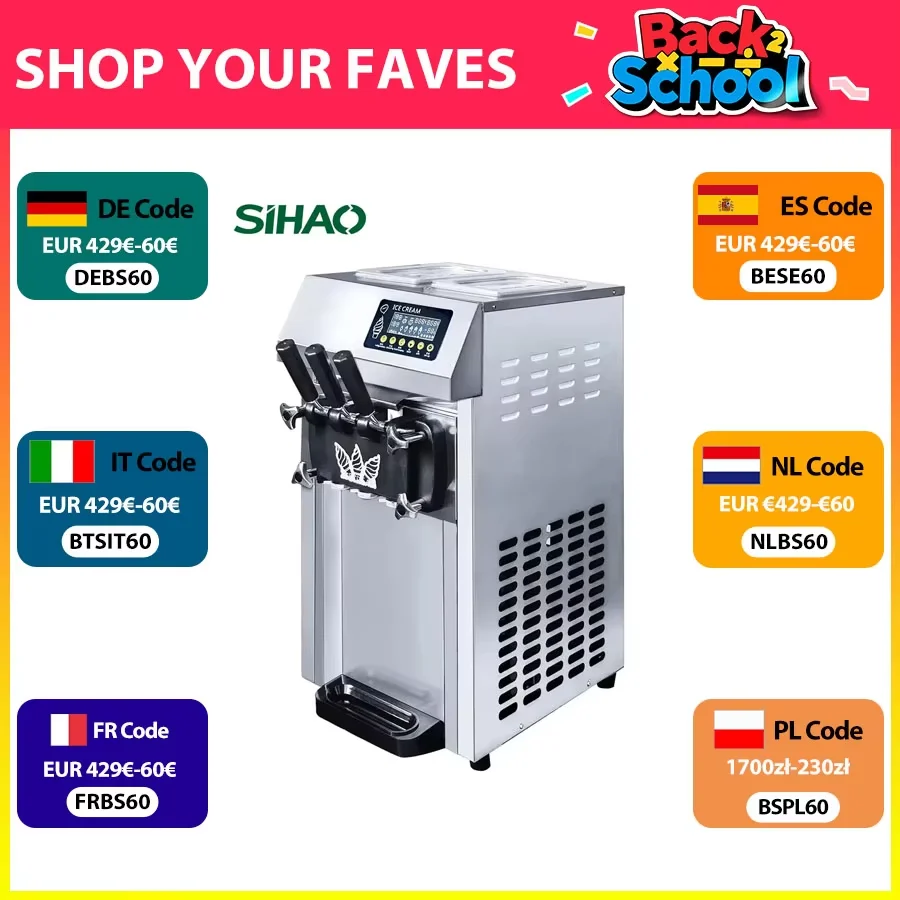 SIHAO Ice Cream Machine ‌A126 Pre-Cooling Commercial Soft Serve Portable Big Capacity Stainless Steel for Cafe Party Outdoor Use