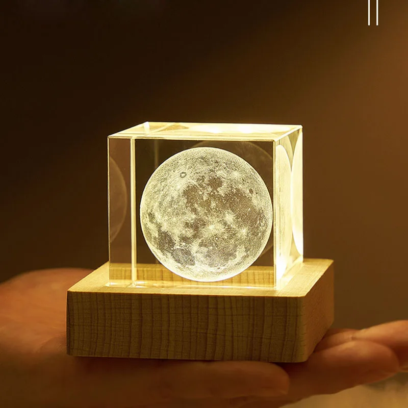 Crystal Cube Ornaments 3D Laser Engraved Moon Figurine Glass Carved Paperweight with Stand Astronomy  Home Desk Decor Crafts