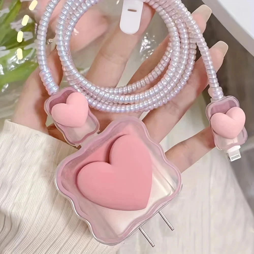 Charger Protector Cable Organiser for iPhone 14 13 Pro Max 18W 20W 3D Cartoon Love Heart Data Cable Management Cord Winder Kit C