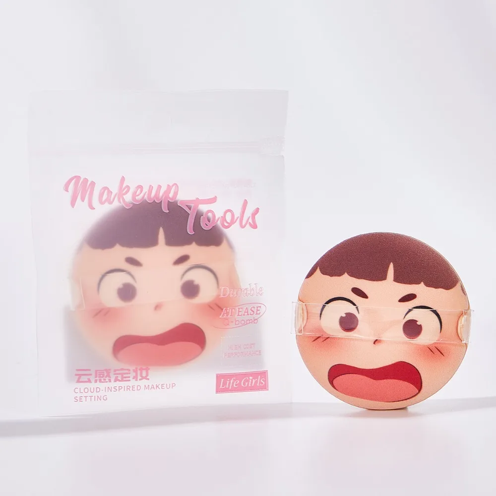 만화 캐릭터 화난 표정 화장 퍼프 벨벳 파우더 퍼프 플로킹 페이스 메이크업 스펀지 세척 가능 가벼운 메이크업 도구