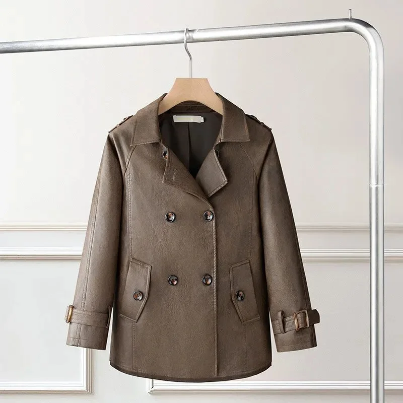 2025 Fall/Winter New Mother's PU Jacket: Women's Loose Fit Flattering Short Fit Versatile Turn-Down Collar Premium Leather Coat