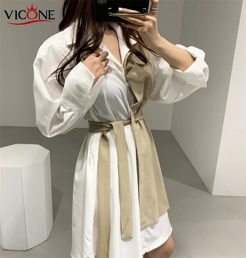 VICONE elegante Hit Color Lace-up Women Shirt Dress manica lunga bottoni con risvolto Patchwork abito corto femminile OL Style 2020 Summer