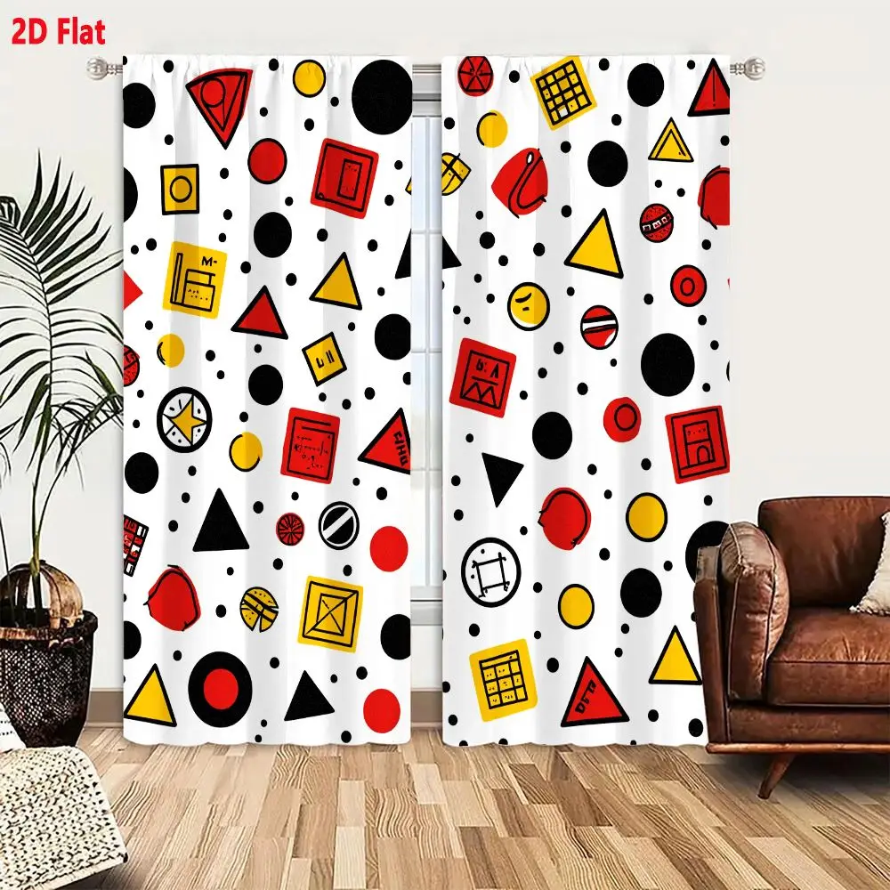 2Pcs Curtains 2D Flat Playful Repeating Geometric Shapes Symbols Pattern On White Background With Red Yellow Black Colors And Ch
