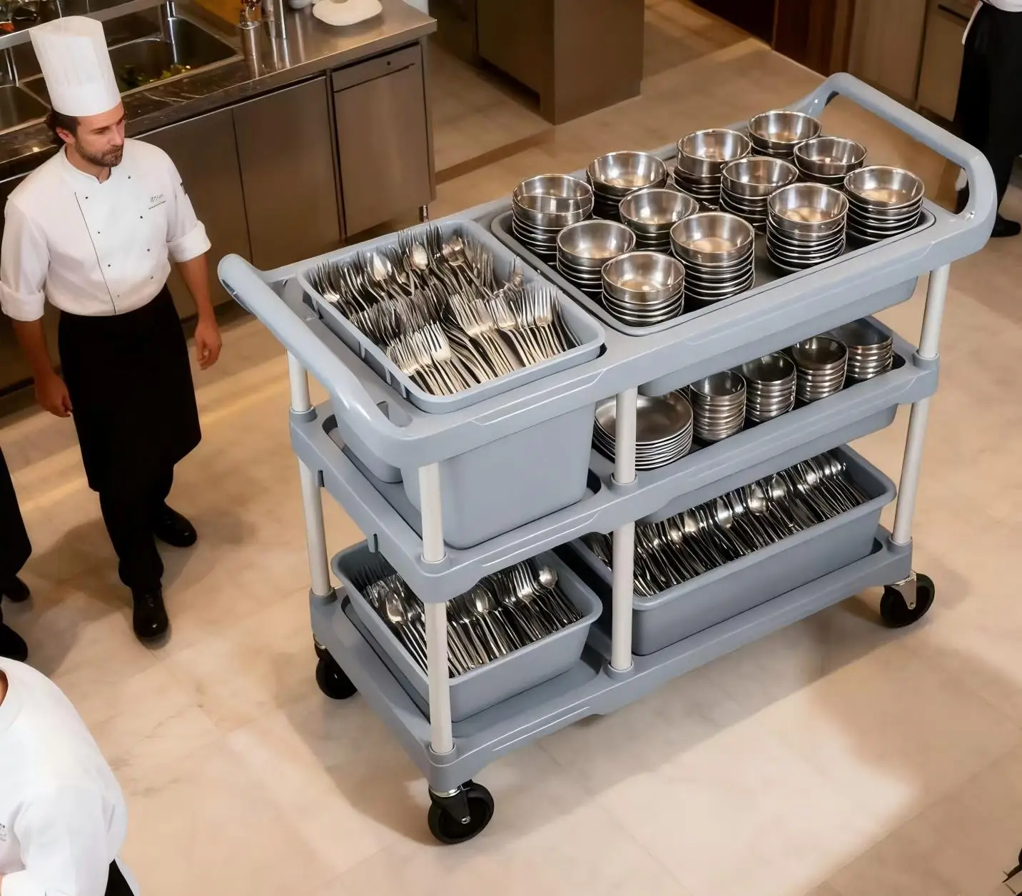 

Тележка Sunmax 3-ярусная пластиковая для сбора посуды и уборки, мобильная, для кухни, отеля, ресторана, бытового использования