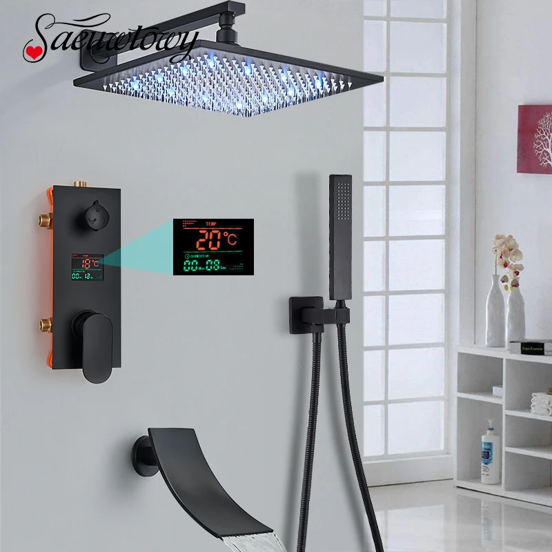 Matte Black Concealed Shower Faucet LED Rainfall Shower Head 2/3 Ways Display Display Shower System Bathroom Shower Tap