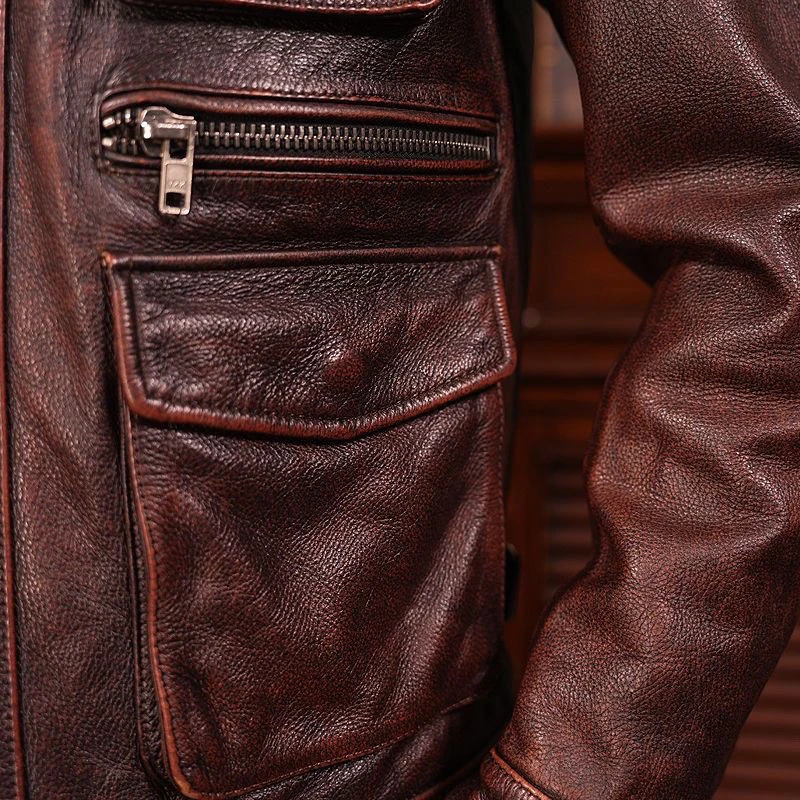 2024 New Heavy Duty Vintage Men's Leather Jacket Thin Windproof Slim Fit Hunting Coat Retro Jacket Trendy Business Casual Zip... - view 3