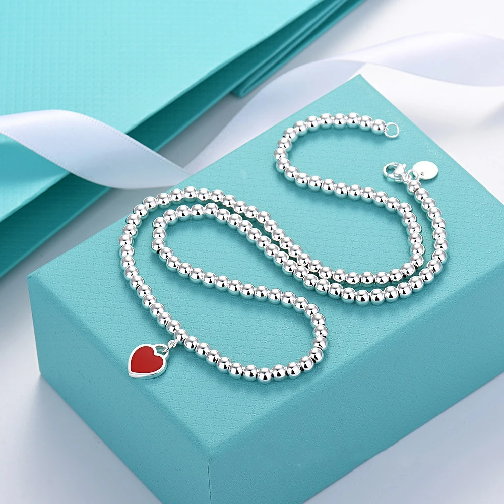 S925 silver TIF design classic heart shape necklace 4mm beads original high quality European and American multi-color optional