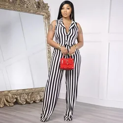 Black White Striped Pants Set Women 2 Piece Outfits Blazer Style Vest Top and Wide Leg Pants Office Lady Matching Sets Workwear