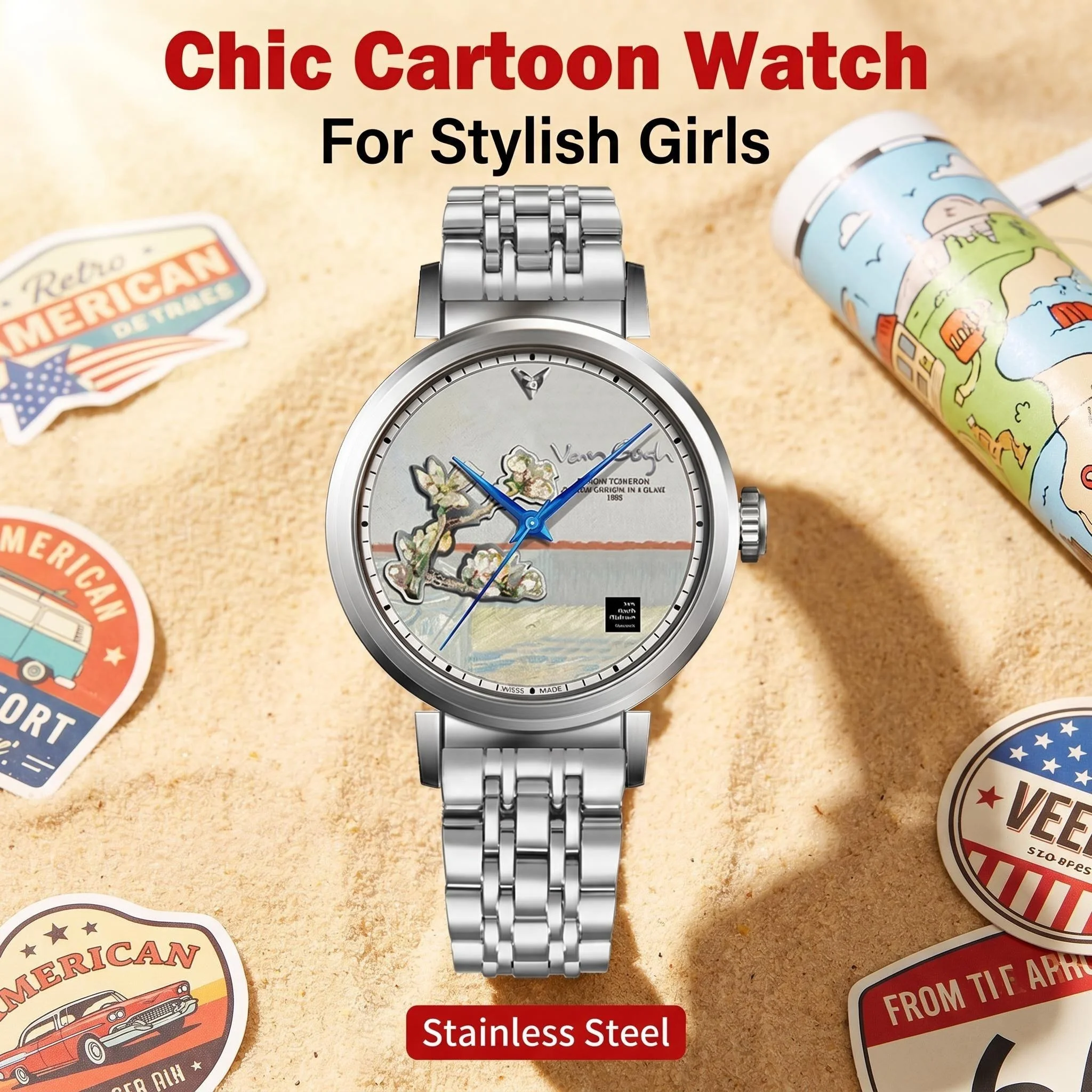 Quartz Watch Solid Stainless Steel Strap 30M Water Resistant Lock Crown 36mm Cartoon Dial Women Wristwatch