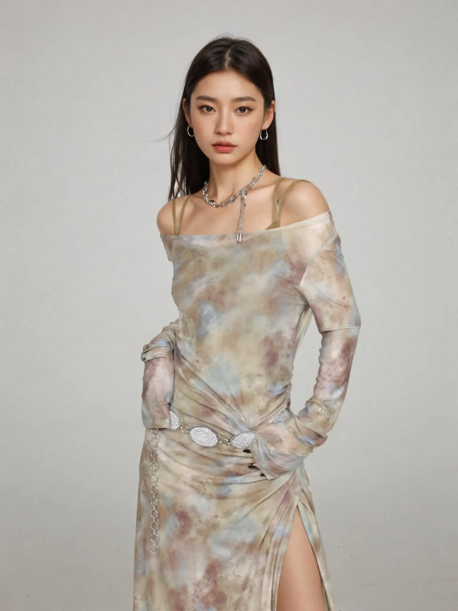 

French Sle Dyed Print ter Ne Women's Dr adient Color A-Line Skirt Long Sve with Waist Chain Autumn Season