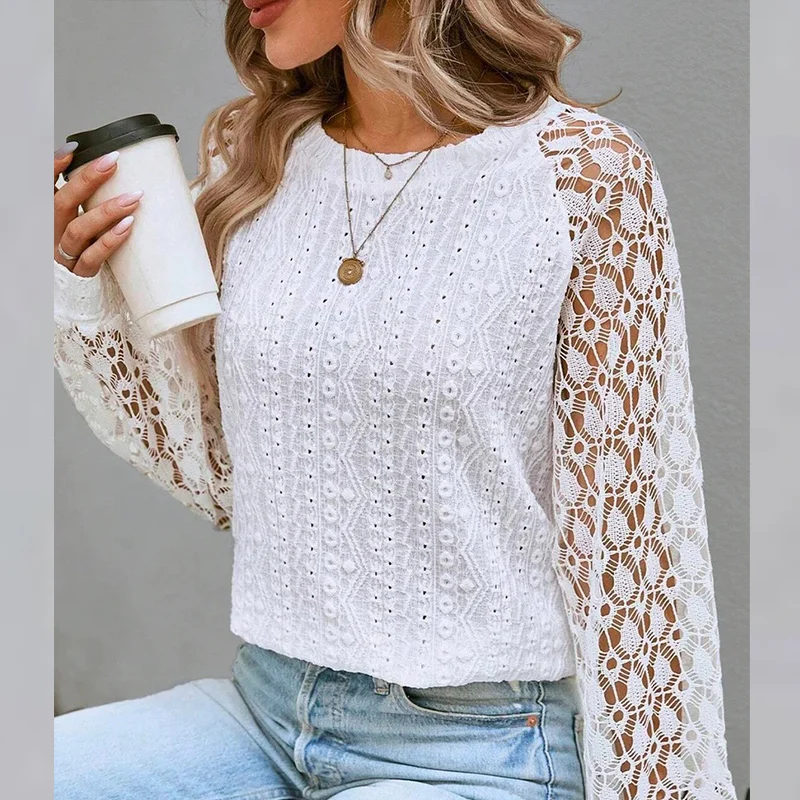 Autumn Elegant Fashion New Office Lady Minimalist Sophisticated Shirt Women Hollow Out Round Collar Solid Color Long Sleeve Top