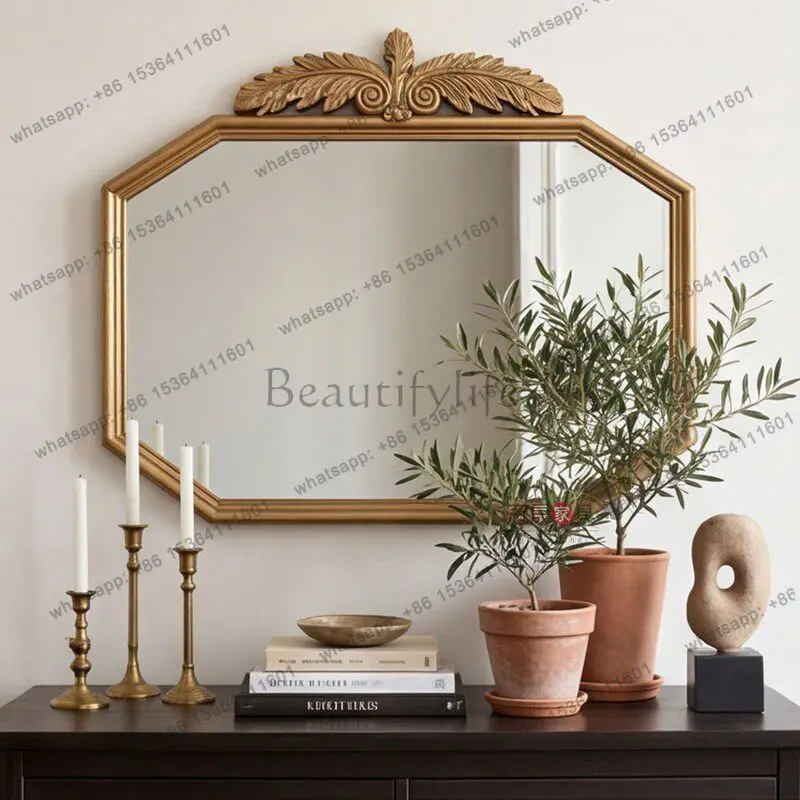 European retro premium vanity mirror wall-mounted living room entrance octagonal carved border vanity mirror