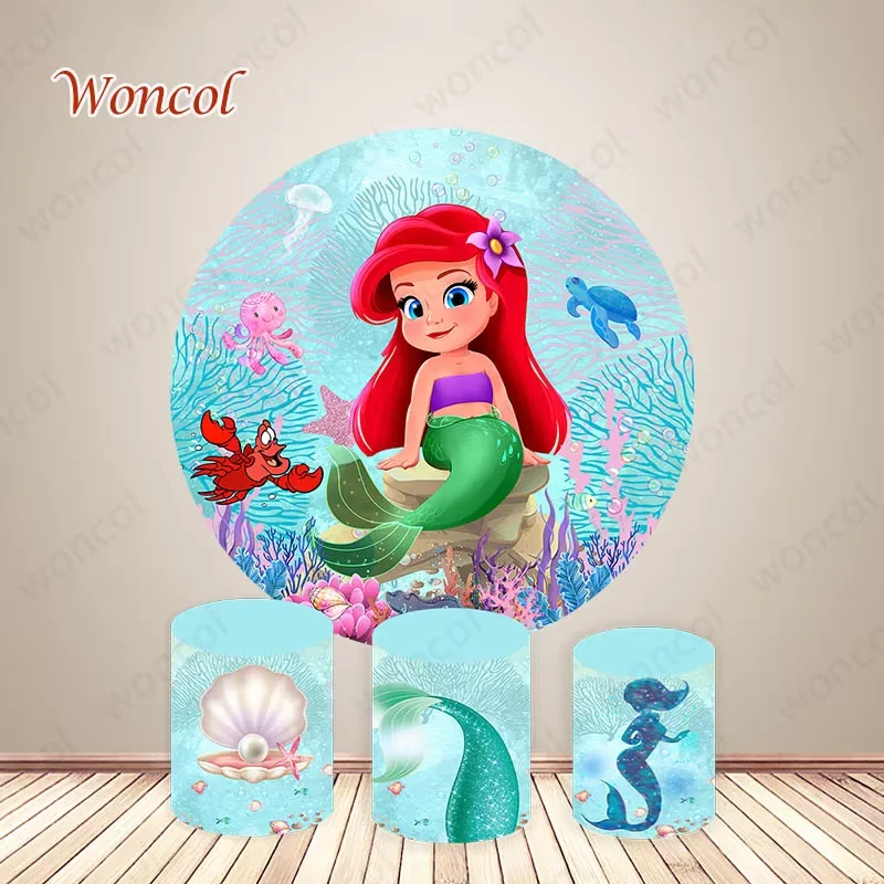 Baby Ariel Round Cover Baby Birthday Mermaid Photo Backdrop Undersea Little Mermaid Cylinder Cover Decor Photography Prop