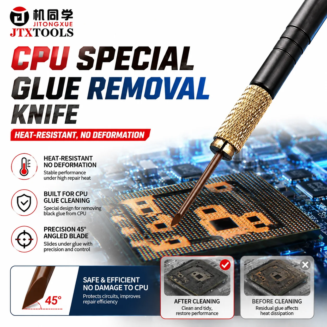 JTX CPU Special Glue Removal Knife 45 Degree Angled Tip Black Glue Scraper for Phone IC Chip Mainboard Repair Cleaning Tools