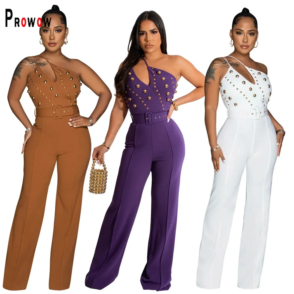 

Prowow Sexy One-piece Women Jumpsuits 2024 New High Waisted Fashion Rivet Birthday Party Nightclub Wear Solid Color Clothing