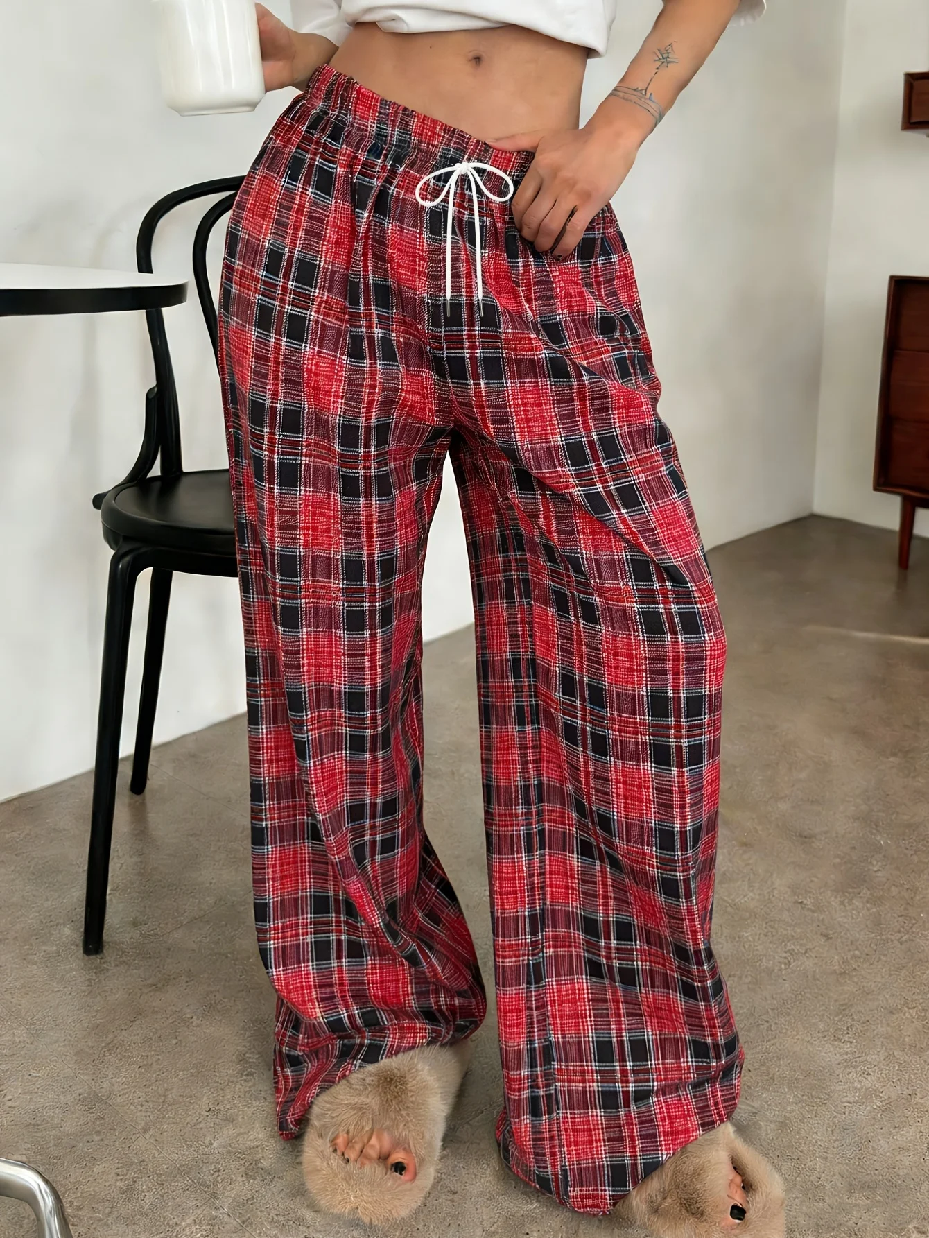 Black Plaid Patchwork Wide Leg Pants Women's American Vintage Y2K 2000s Style High Waisted Hip Hop Breathable Sweatpants Kids