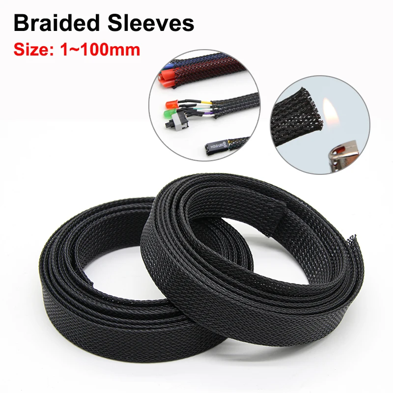 

2/5/10/50M PET Black Braided Sleeve 1mm~100mm Insulated Braided Sleeving Data Line Protection Cable Management Cable Sheath