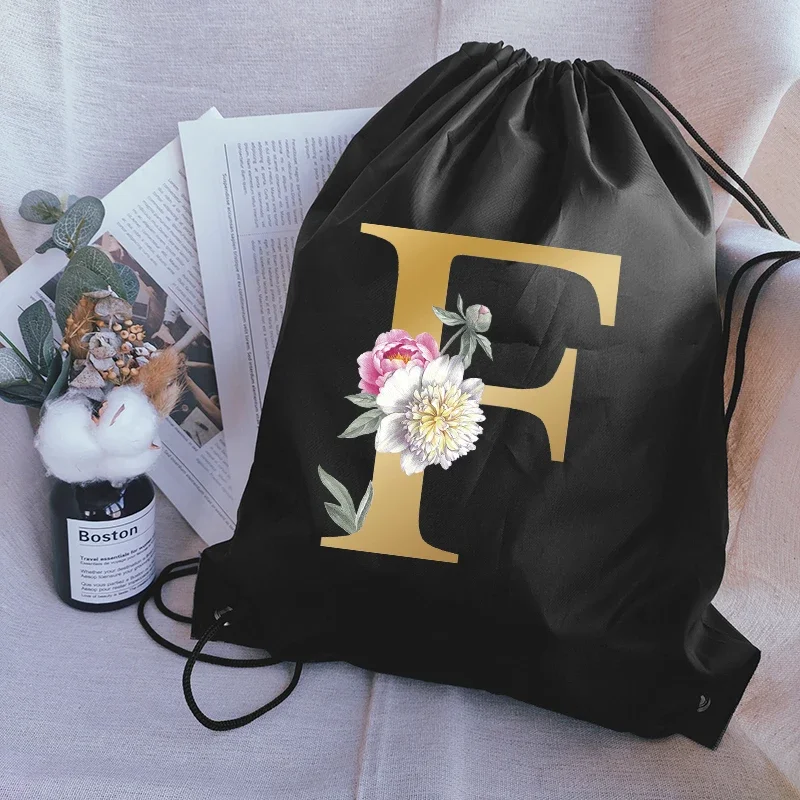 Flower Letter Print Drawstring Pouch Sports Backpack Woman Storage Bag Backpack Drawstring Rucksack Bag Swimming Bag for Shoes