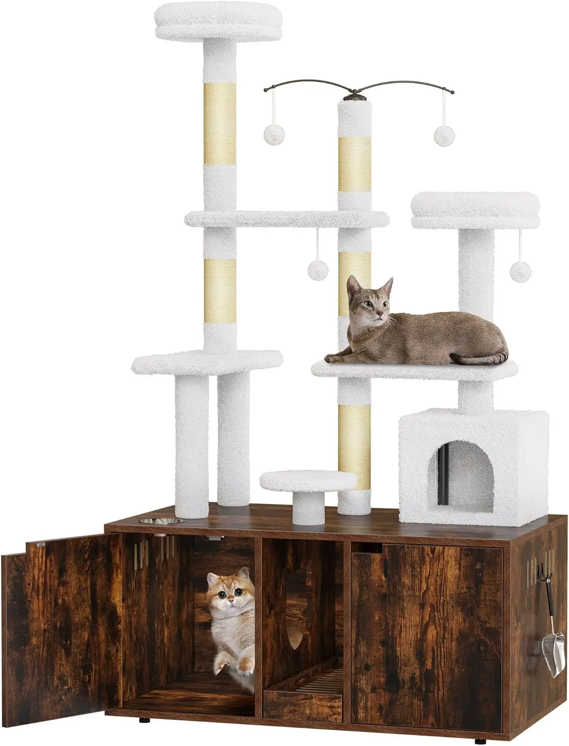 

Double Cat Litter Box Enclosure with Cat Tree, Litter Box Furniture Hidden for 2 Cats, All-in-one Wooden Litter Box Furniture