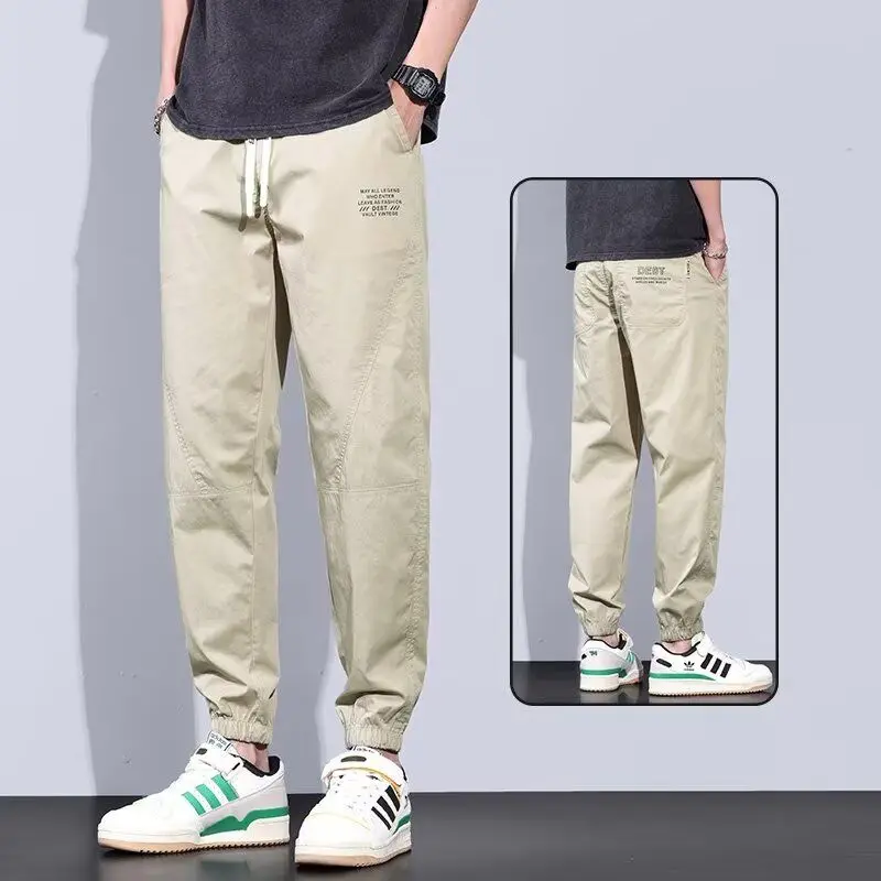 

Preppy Style Trousers Bloomers Cargo Solid Color Elastic High Waisted Pockets Casual Sports Men's Clothing Drawstring Pants