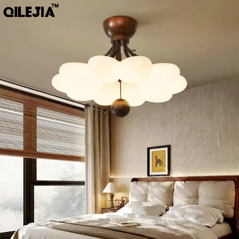 

White Cream Ceiling Light LED Simple Walnut Indoor Log Bedroom Lighting Beige Living Room Balcony Lamp Home Interior Decor Lamp