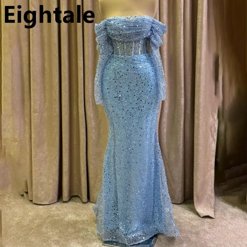 

Eightale Customized Sky Blue Mermaid Off Shoulder Evening Dress Sequin Long Sleeve Prom Dress Women Formal Party Gown Dubai 2025