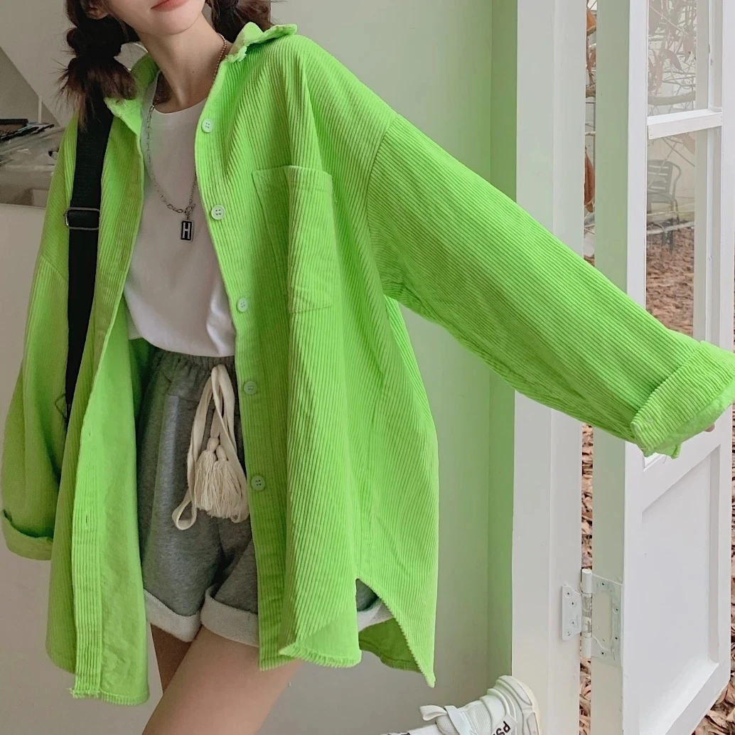 Female Students Fluorescent Green New Corduroy Cardigan Blouse Tops Women Korean Retro Style Loose Fit Mid Length Version Shirt