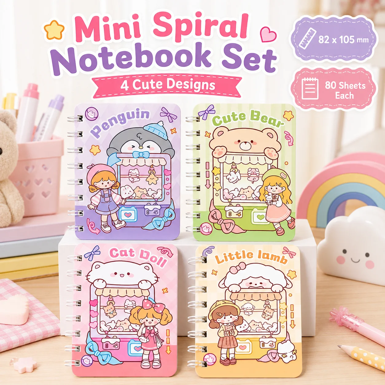 

A5 Kawaii Spiral Notebook 4 Pack, Lined Pages Cute Stationery for School & Gift