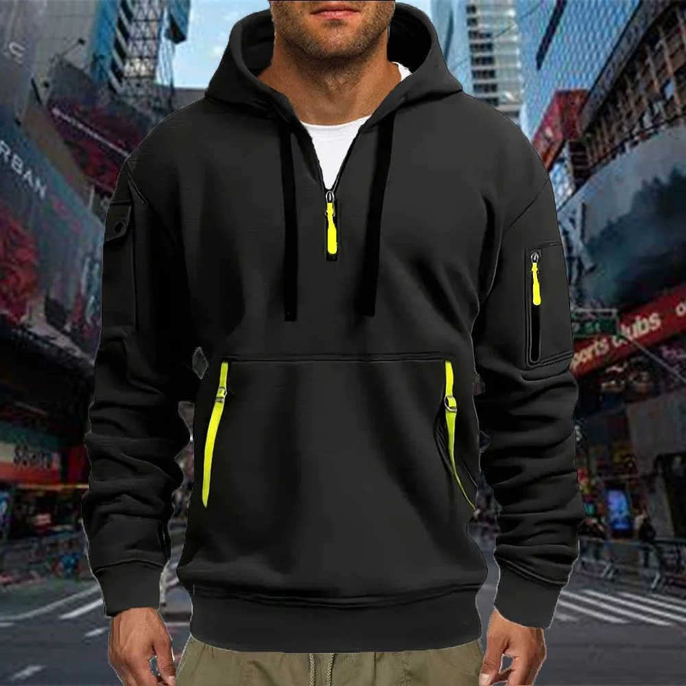 Herren-Freizeit-Sport-Hoodie, Herbstmode, einfarbig, langärmeliger Pullover mit Armtasche und Reißverschluss