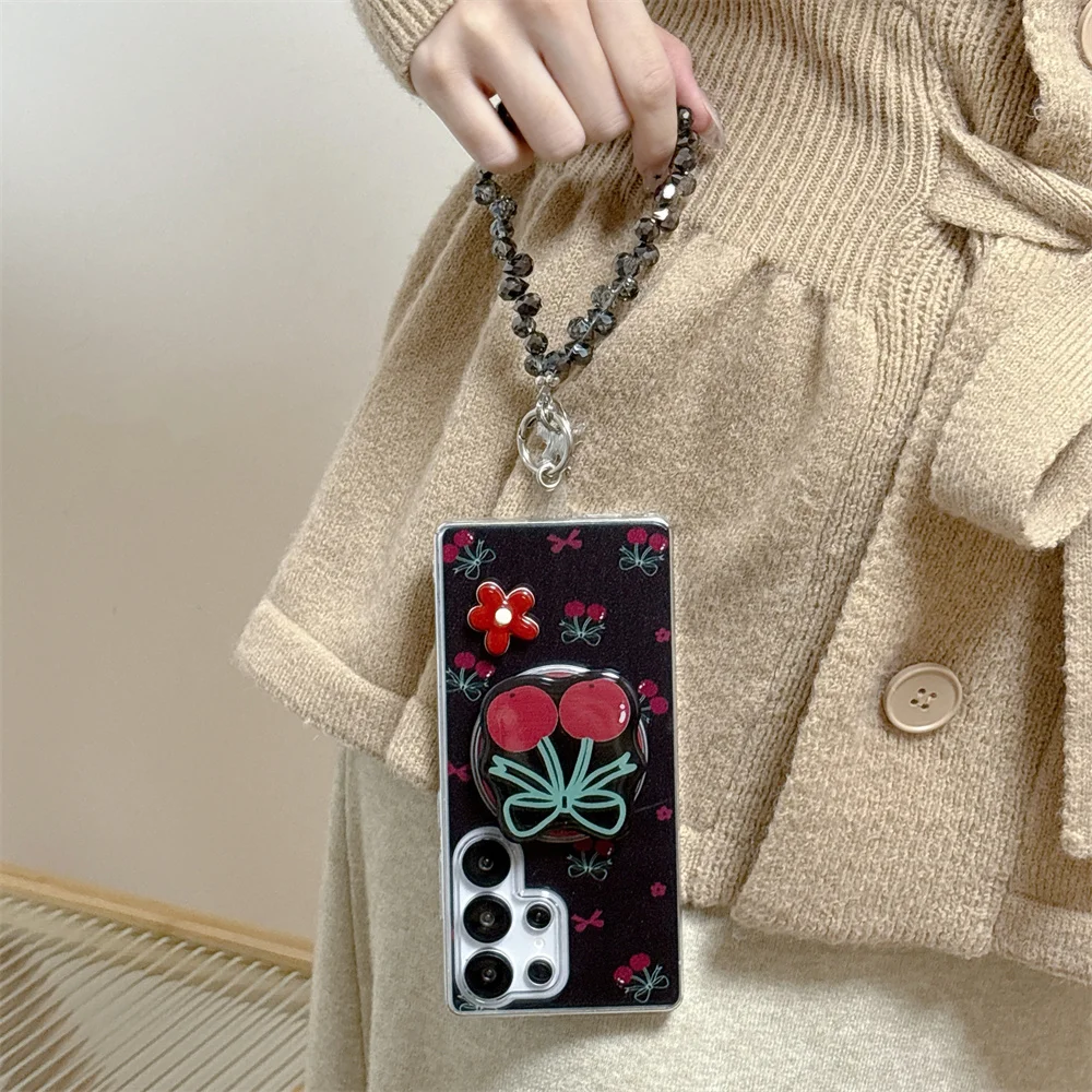 

Cute Bow Cherry Magnetic For Magsafe Stand Phone Case for Samsung Galaxy S25 S23 S24Ultra Cover with Hinge Shockproof Fundas