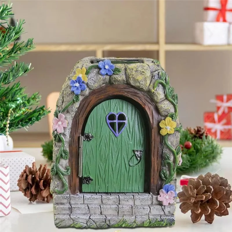 AF90-Porta da giardino fatata Cancello da giardino fatato per esterni Miniature di alberi in resina con gradini e porta aperta Casa illuminata mistica