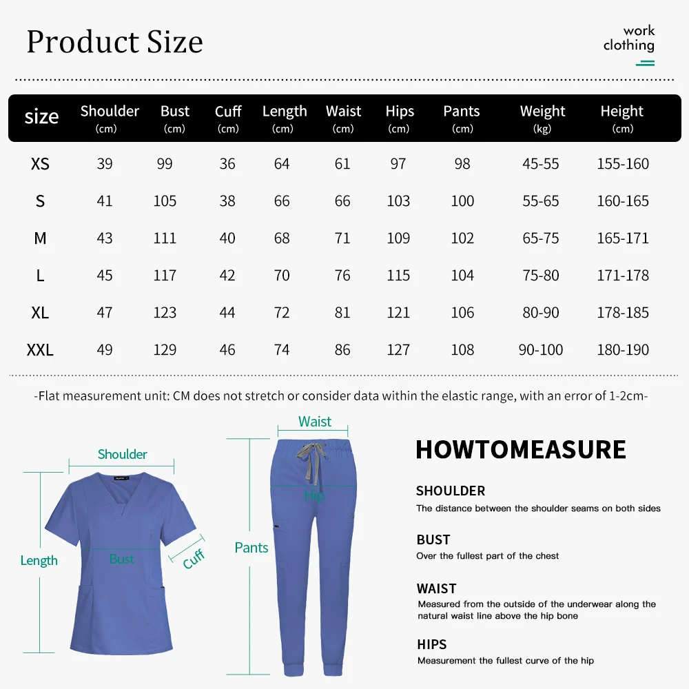 Strój roboczy dla kosmetyczki, kontrola zdrowotna, odzież robocza, fartuchy dentystyczne, uniformy, damskie uniformy spa, bluzki i spodnie dla pielęgniarek w sali operacyjnej.