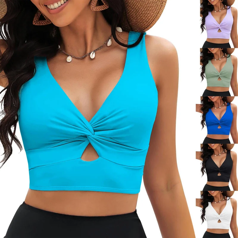 

New swimsuit with chest buttons, solid color two-piece bikini top