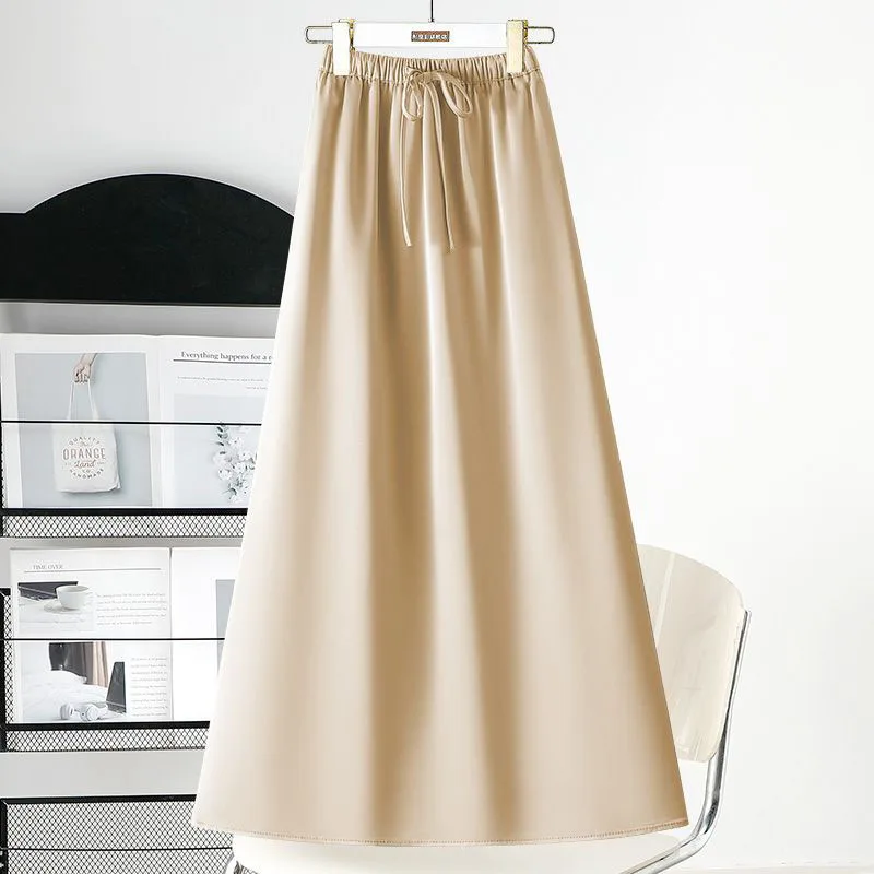 Biyaby Urban Women Satin Pleated Midi Skirts Autumn New Fashion Mid Elastic Waist Skirt for Mujer Solid Color Chic Ladies Skirts