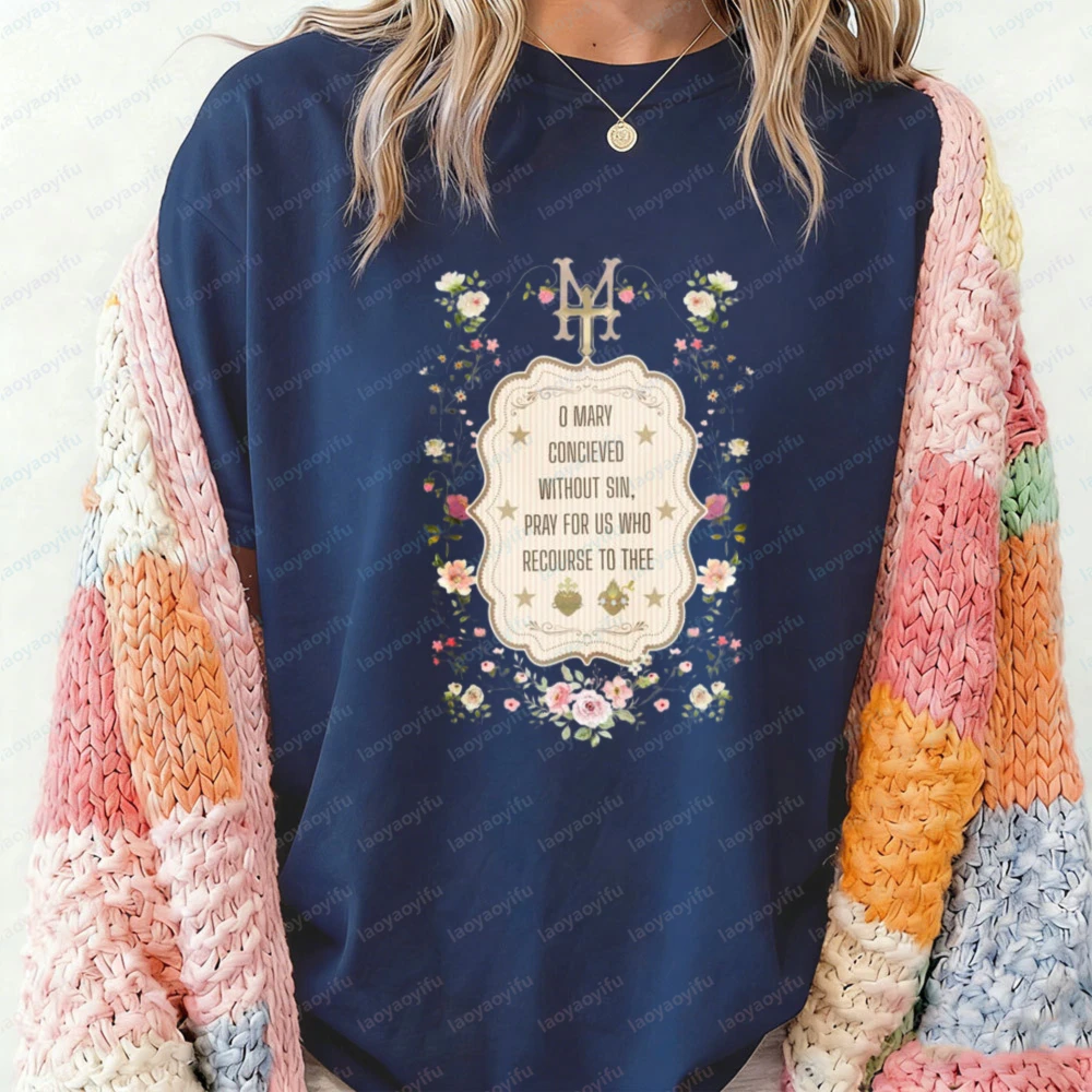 Floral Marian Cross Catholic Shirt Virgin Mary Religious Tee Spiritual Faith Women Casual Religious Apparel Gift Cotton Clothing