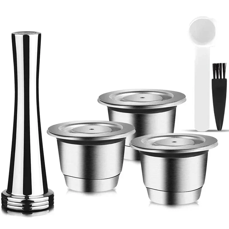 Capsules Reusable Stainless Steel 3 Pieces Refillable Pads for Nespresso + 1 Tamper + 1 Spoon + 1 Brush