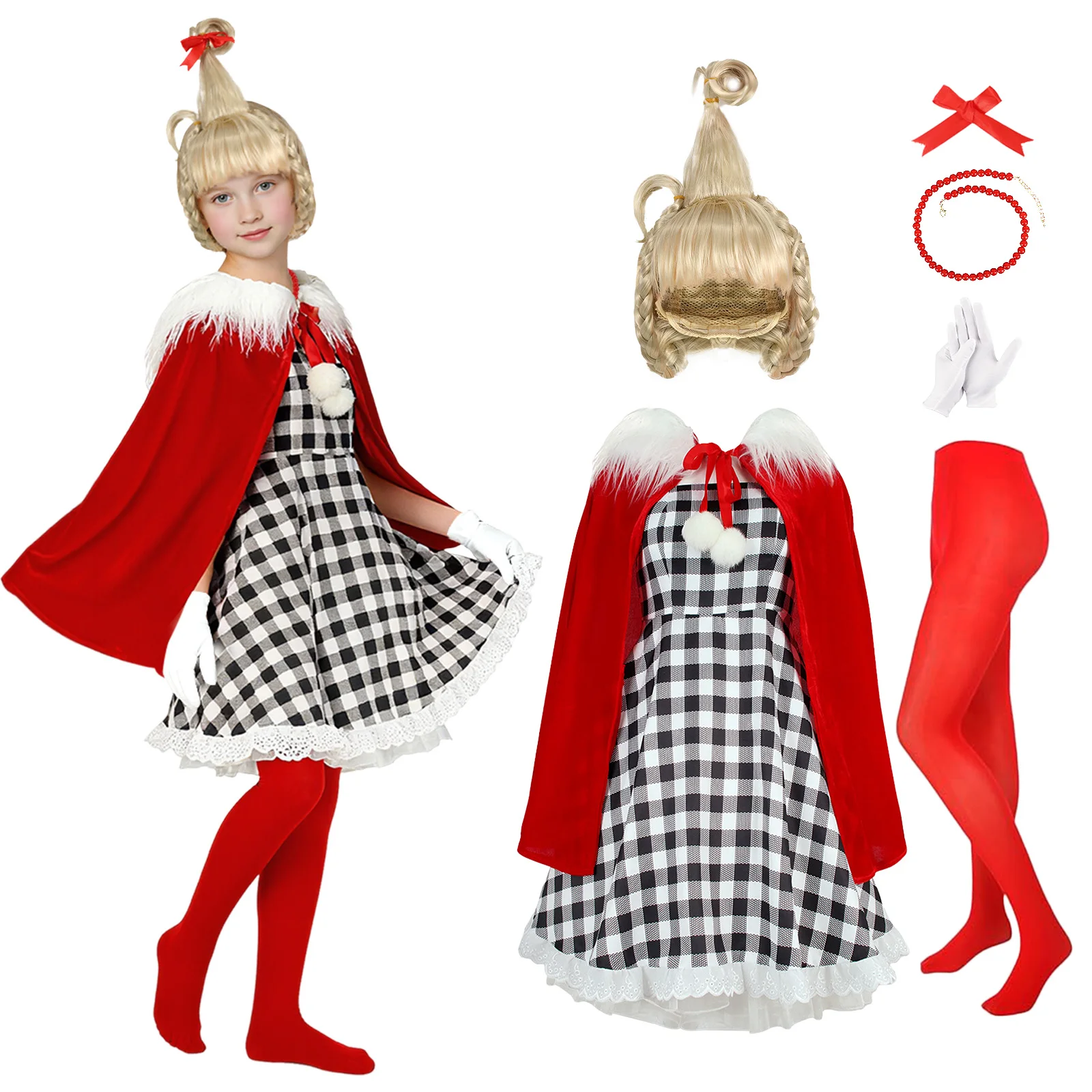 

7PCS Cindy Lou Who Costume Girls Cindy Wig Dress Cape Accessories Christmas Cosplay Outfits for Halloween Party