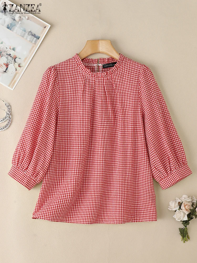 

Summer Plaid Checked Blouse ZANZEA Women Elegant Short Sleeve Office Tunic Shirt Casual O Neck Loose Blusas Fashion Work OL Tops