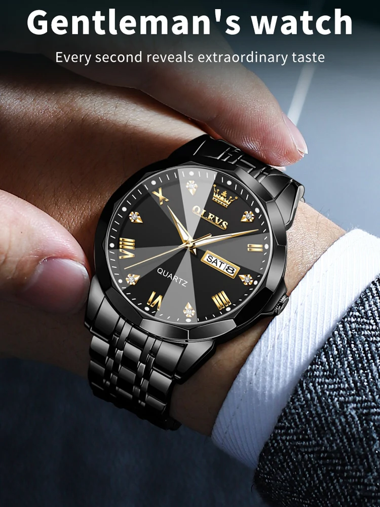 OLEVS Watch for Men Luxury Brand Black Steel Strap 3ATM Waterproof Date Luminous Quartz Men\'s Watches Reloj Hombre