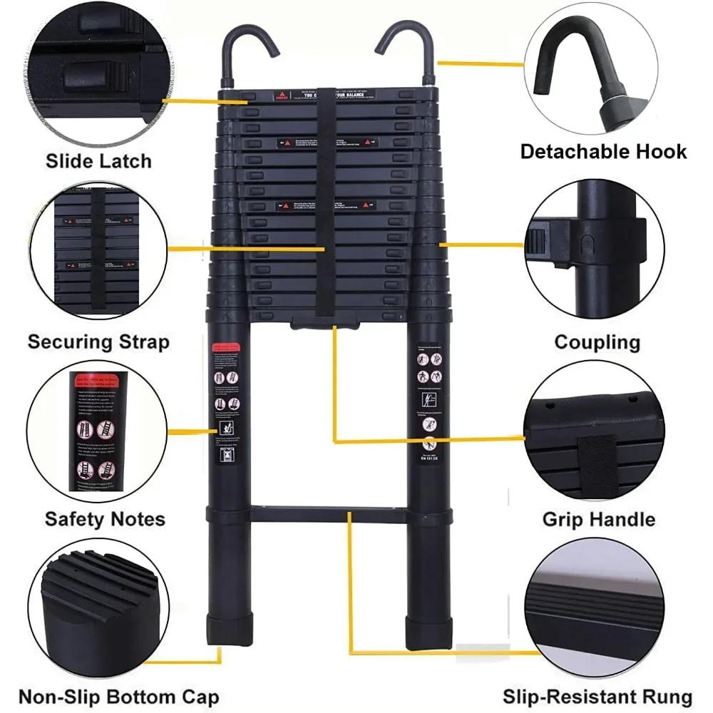 Telescopic Ladder Foldable Aluminum Telescoping Extension Ladder with Detachable Hook, Safe & Compact 330lb Load Capacity