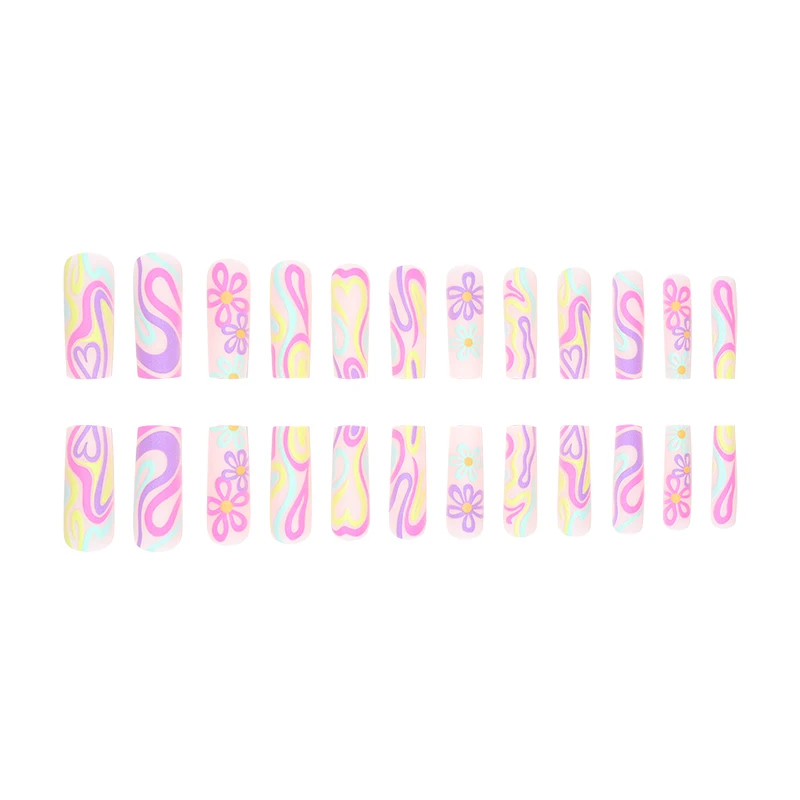 أظافر مزيفة مجمدة ثلاثية الأبعاد لخطوط قوس قزح ، وأنماط حب إبداعية ، و 24 توابيت طويلة ، وملف مسمار واحد وشريط #3