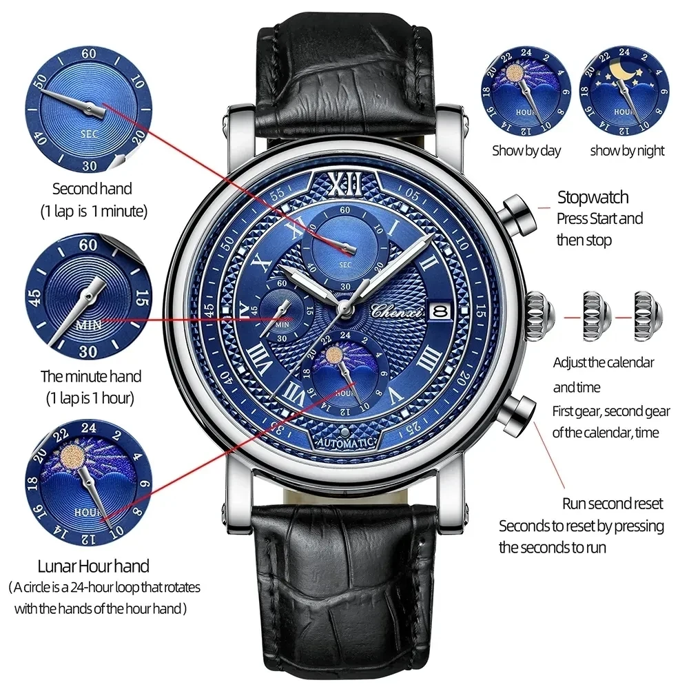 

Chenxi 976 New Sport Chronograph Date Men's Phase Moon Dial Wristwatch Luminous Montre Homme Quartz Watch Relogio Masculino