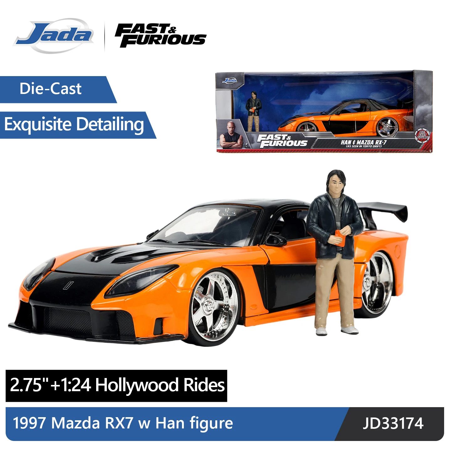 JADA Diecast Car 1:24 Scale 1997 Mazda RX-7 with Han Figure Set Hollywood Rides: The Fast and the Furious JD33174 view 2
