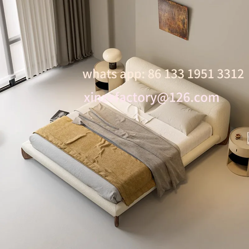 

Customizable lamb wool bedroom soft bed Italian minimalist retro cream wind solid wood double bed