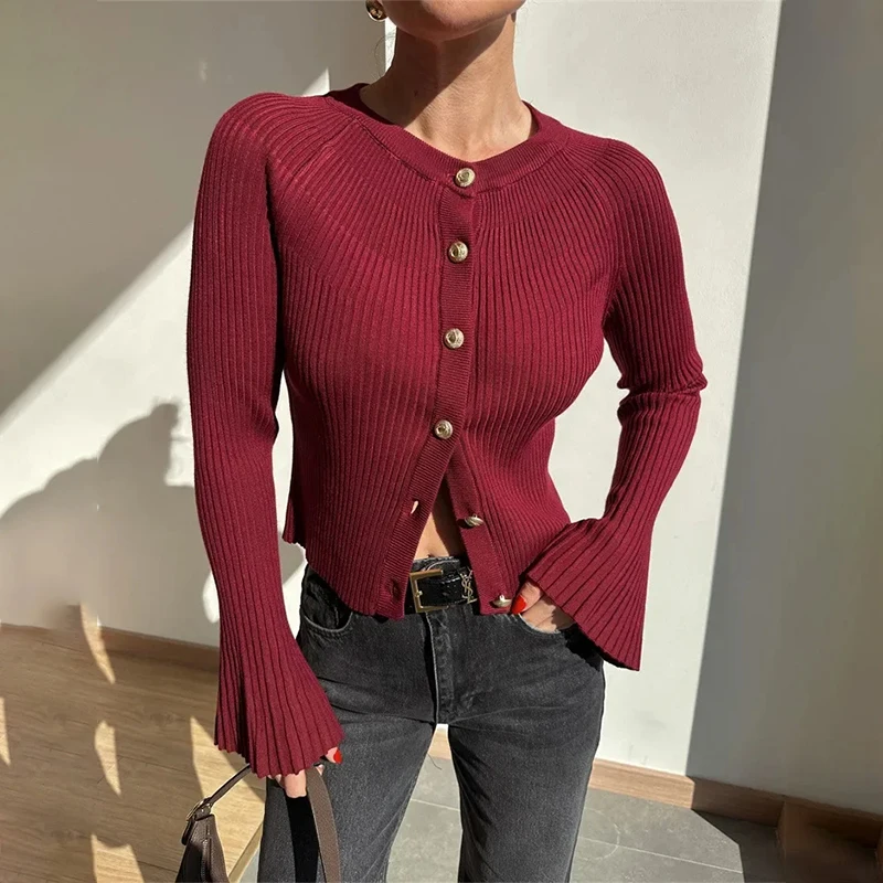 Autumn Knit Cardigan Fashion Ribbed Single Breasted Solid Long Sleeve Knitted Top Casual Basic Office Lady Women Basic Sweater