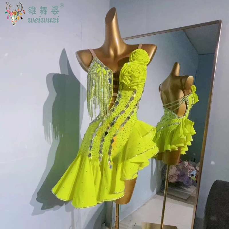 女性用ラテンダンスドレス、カスタムメイド、シニア向けABストーンフリンジドレス、大人と子供用プロフェッショナルパフォーマンス衣装