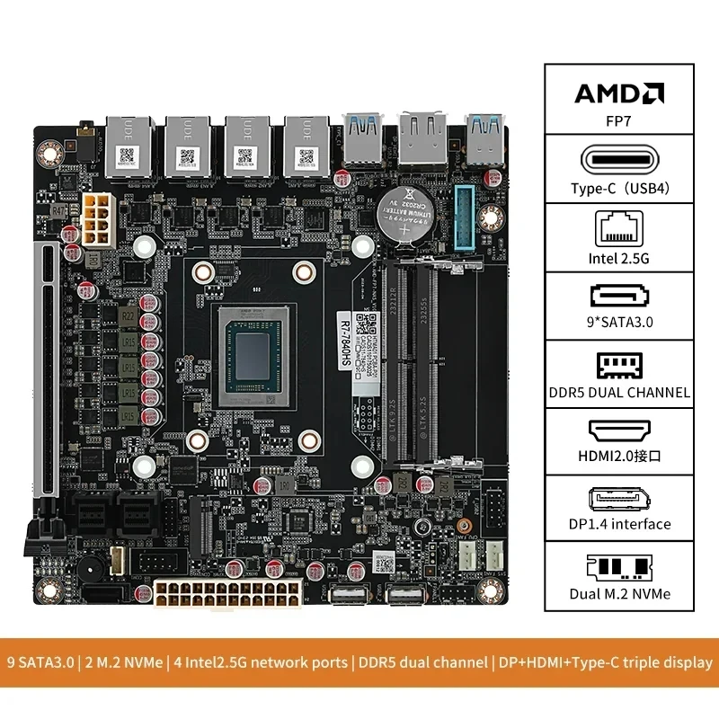 ITX 메인보드 AMD Ryzen 7 8845HS 7940HS, 9 베이 마더보드, USB4, 4x i226-V, 2.5G LAN, 9xSATA3.0 듀얼 M.2 NVMe PCIE X16, 2 * DDR5, 17x17