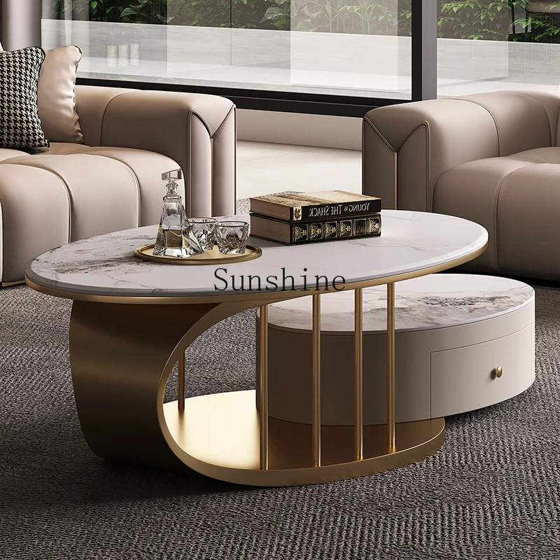 

Modern simple oval telescopic rock slab high-end coffee table combination