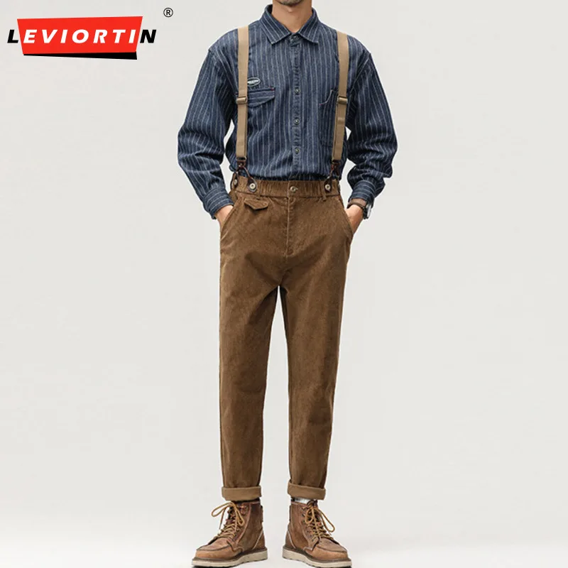 

Retro Men Cargo Pants Loose Casual Corduroy Straight Overalls Streetwear Autumn Korean Stylish Male Solid Color Straps Jumpsuits